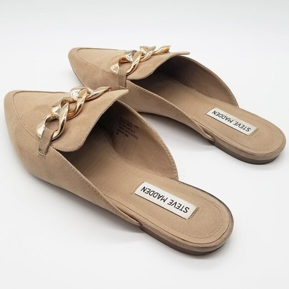 Steve Madden Finely Tan Beige Pointed Toe Gold Chunky Chain Slip On Mules  9.5 - Picture 5 of 15